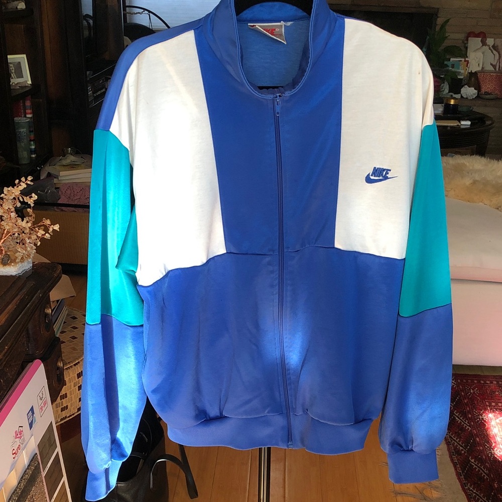 Vintage Nike Men’s Blue, Teal and White Color Block Jacket